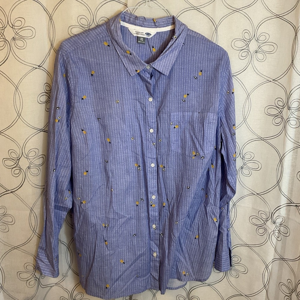 Old Navy Women's Blue‎ Pinstriped Pineapple & Avocado Button Down Shirt Size XL